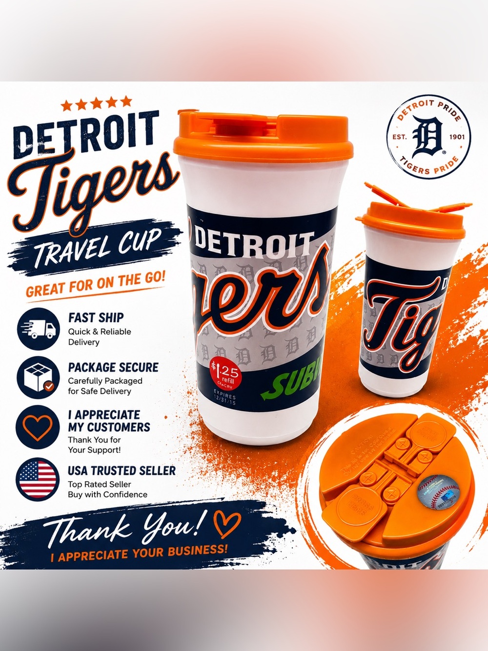 Detroit Tigers Promotional Mug Cup 12/16 Subway Travel Cup Whirley Drink Orange